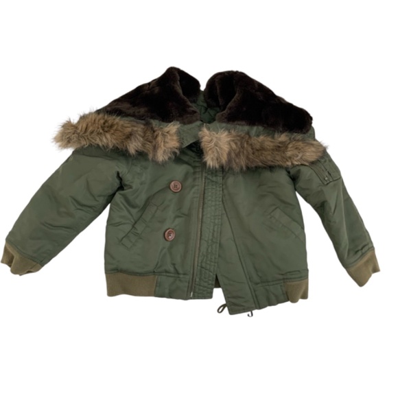 JUICY JACKET WITH FAUX FUR LINED HOOD SIZE:6 ARMY GREEN LARGE BUTTON AND ZIP - Picture 4 of 5